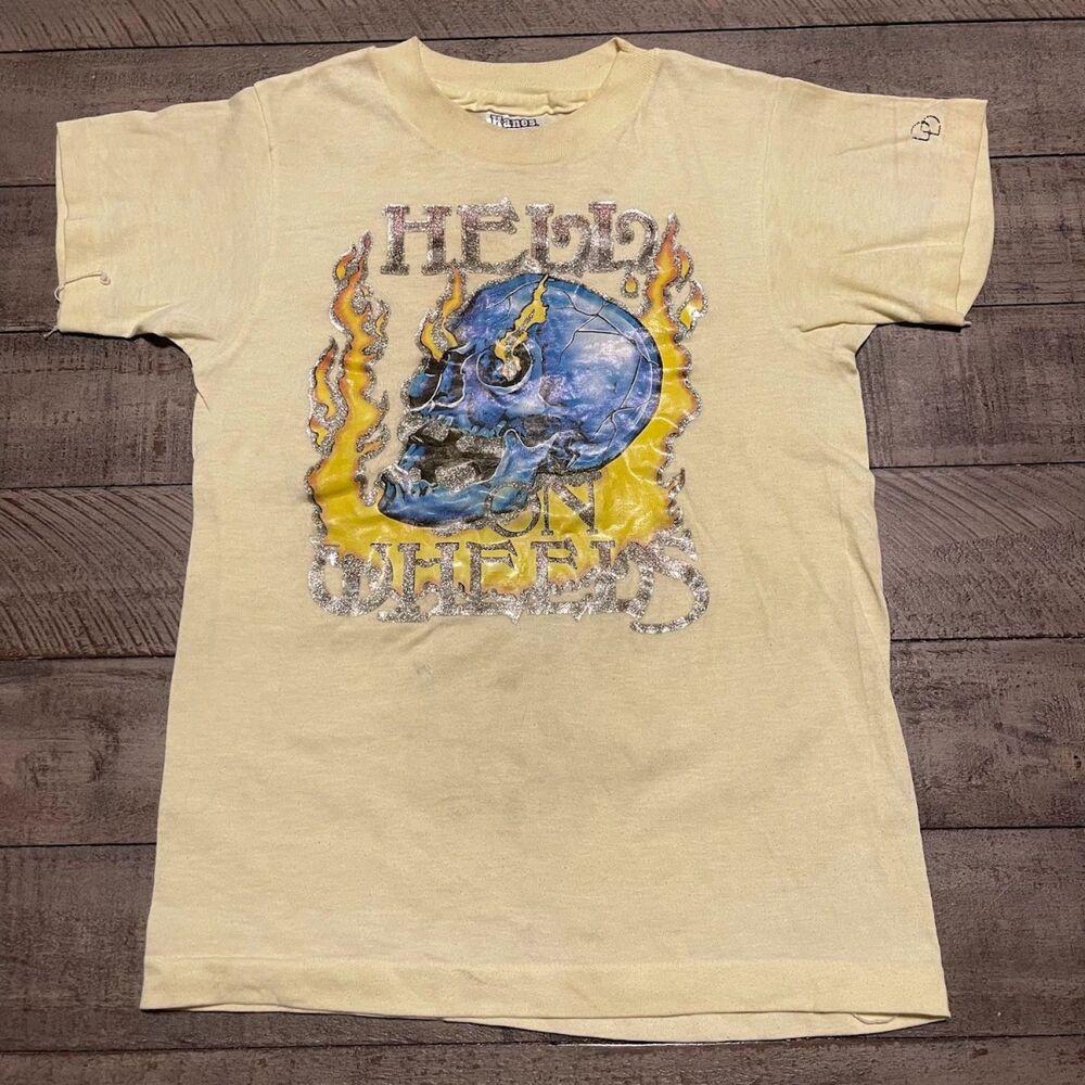 VTG Hanes Tee Kids Sz Medium 10-12 Yellow Cotton Graphic Hell On Wheels Skeleton